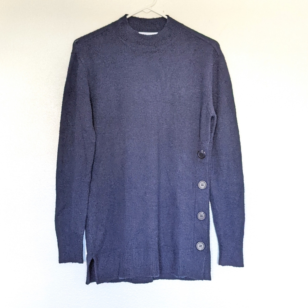 Liz Claiborne Mock Neck Long Knit Sweater Split Hem Button Detail Blue Size XS